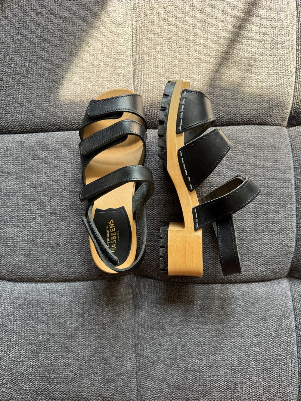 NWOB Swedish Hasbeens Black Leather Sandals Minimalist Design sz 36/6